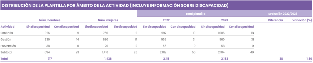  DISTRIBUCIÓN DE LA PLANTILLA POR ÁMBITO DE LA ACTIVIDAD
                        (INCLUYE INFORMACIÓN SOBRE DISCAPACIDAD)
