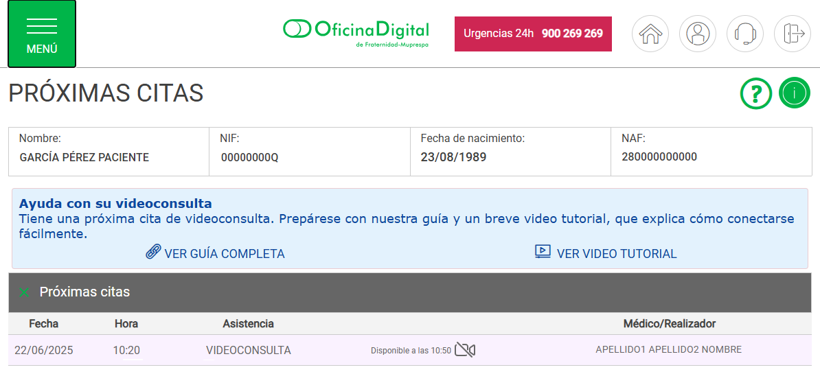 Verificación próxima cita portal del paciente