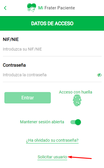 Solicitar usuario App Mi Frater Paciente