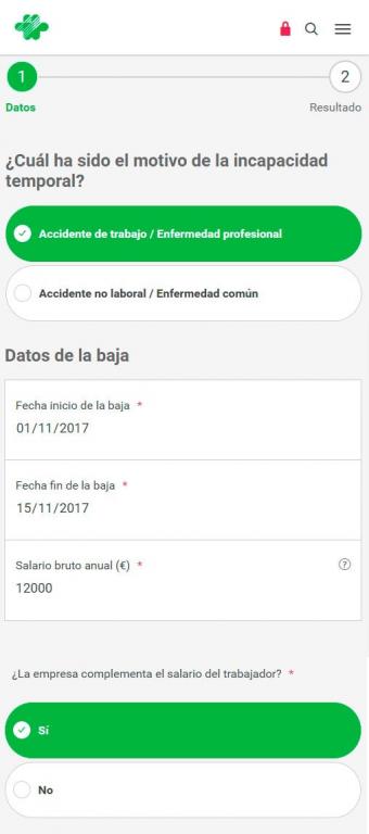 Ejemplo de la pantalla de recogida de datos del simulador del absentismo de Fraternidad-Muprespa