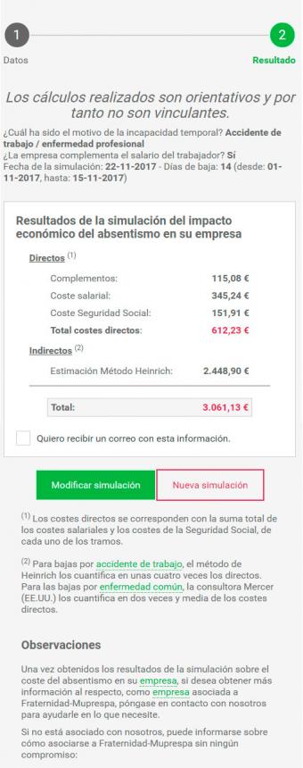Ejemplo de la pantalla de resultados obtenidos con el simulador del absentismo de Fraternidad-Muprespa