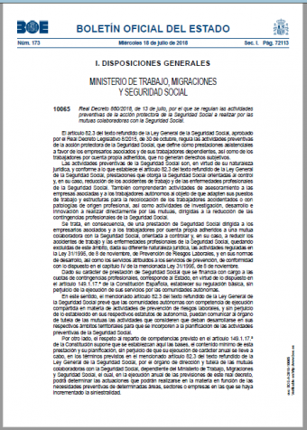 Nuevo Real Decreto 860/2018 por el que se regulan las actividades preventivas a realizar por las Mutuas