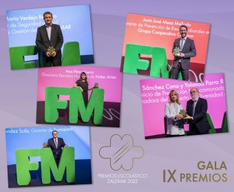 Collage de imágenes con los representantes de las empresas galardonadas  José María Verdejo, director de Seguridad y Salud y Sistemas de Gestión del Grupo Agbar Juan José Mesa, gerente de Prevención de Riesgos Laborales en Grupo Cooperativo Cajamar Ana Pérez-Sierra, directora de RRHH de Nidec Arisa Jaime Sánchez-Cano, director del Servicio de Prevención Mancomunado de Endesa, y Yolanda Parra, coordinadora del Proyecto de Diversidad en Prevención de Riesgos Laborales Juan Fernández Solís, gerente de Somajasa