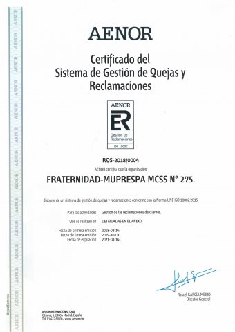 Imagen del certificado de Aenor concedido a Fraternidad-Muprespa