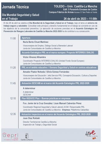 Programa jornada Técnica del Día Mundial Seguridad y Salud en el Trabajo organiza el Gobierno de Castilla-La Mancha,