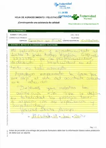 Agradecimineto de paciente a trabajadores del centro de atención de Madre de Dios