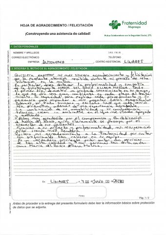 Agradecimiento de paciente atendido en un centro asistencial de Fraternidad-Muprespa