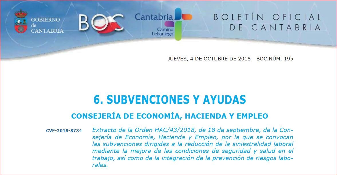 Subvenciones dirigidas a la reducción de la siniestralidad laboral en Cantabria