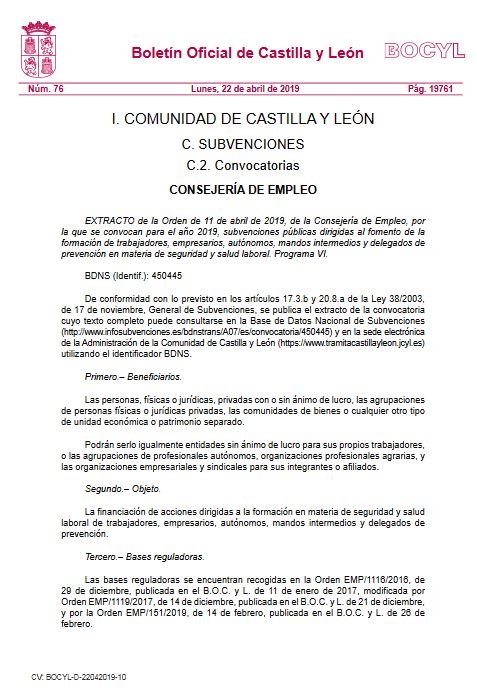 Subvención en materia de PRL de Castilla-Léon