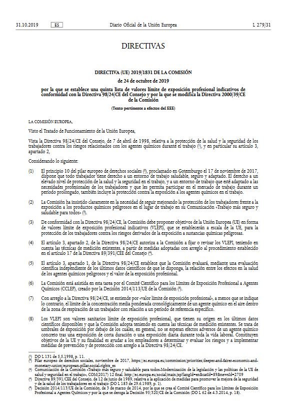 Directiva (UE) 2019/1831 en la que establece una quinta lista de valores límite de exposición profesional indicativos