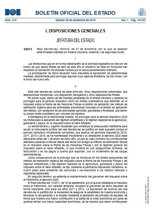 Real Decreto-Ley 18/2019, de 27 de diciembre