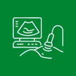 Ecografía abdominal con monitor y transductor