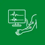 Monitor de salud mostrando ECG conectado a un brazo.