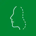 Icono: perfil facial de perfil con línea punteada de contorno sobre fondo verde.