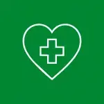 Icono de corazón blanco con cruz médica sobre fondo verde.