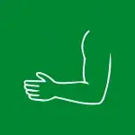 Gráfico de un brazo humano con una mano abierta, blanco sobre fondo verde.