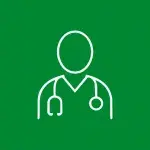 Icono blanco de médico con estetoscopio sobre fondo verde.
