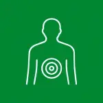 Gráfico de silueta de torso humano con diana en el centro, fondo verde.