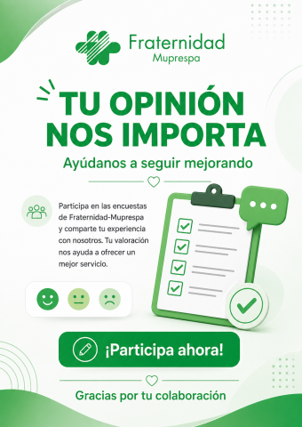 Un cartel promocional de Fraternidad Muprespa sobre opiniones de usuarios, con un formulario verde y un botón para participar.