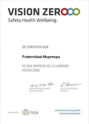Certificado de la campaña Vision Zero para Fraternidad-Muprespa, con logotipos y firmas.