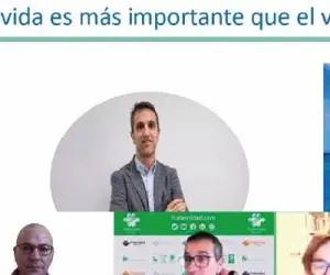 Una persona en videollamada con tres participantes y fotos de viajes.
