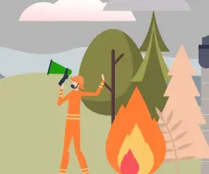 Suhiltzaileak su bati aurre egiten, atzealdean eraikin eta paisaia batekin.