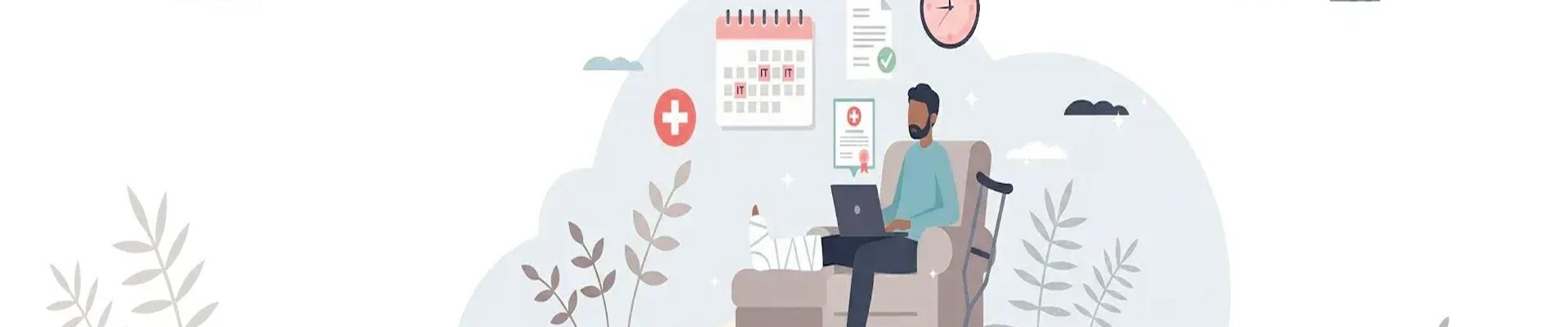 Persona sentada en un sillón usando una laptop, rodeada de plantas, calendario y reloj