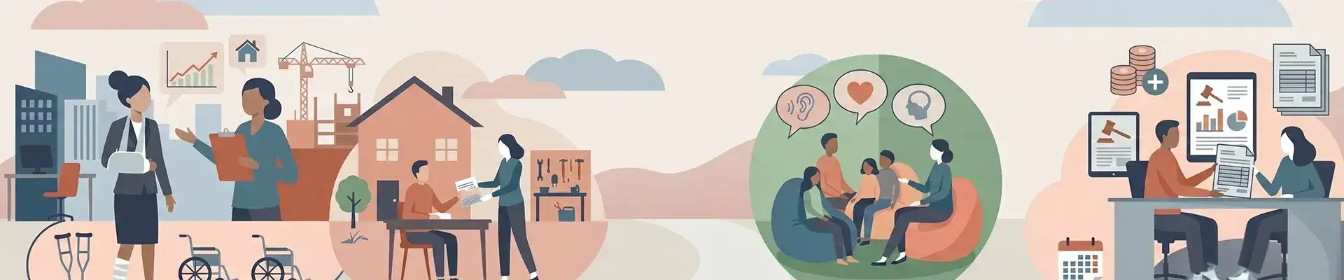 Gráfico de personas en trabajo, hogar y comunidad, con elementos de accesibilidad.