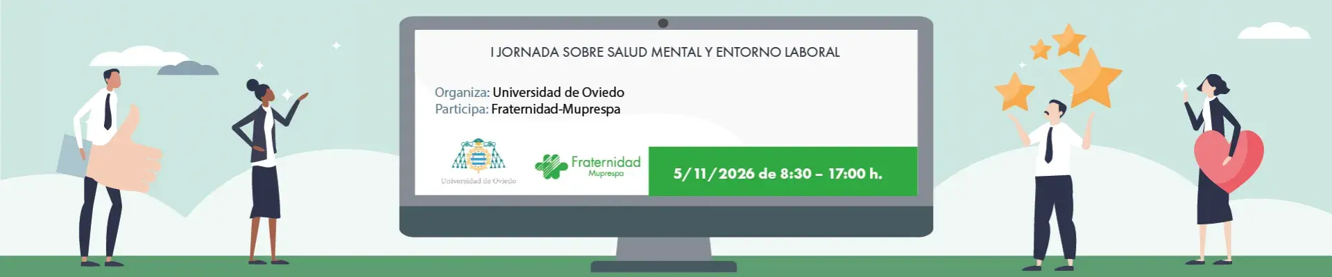 Ilustración de personas alrededor de un monitor con logotipos, estrellas y un corazón rojo.