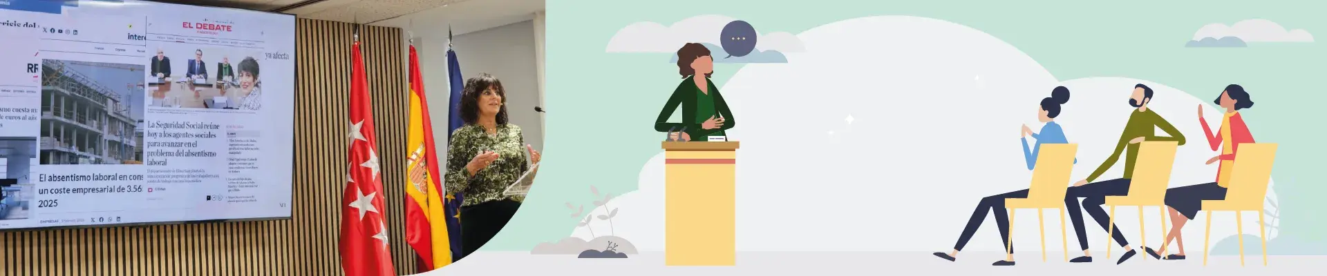 Fotografía de mujer en conferencia y gráfico de ponente con audiencia.