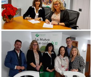 Imatge superior, Natalia Fdez. Laviada, subdirectora general de Prevenció, Qualitat i Comunicació de Fraternidad-Muprespa, i Montse Cerqueda, degana del Col•legi. Imatge inferior, Carlos Sáez, director territorial Nord-Est de Fraternidad-Muprespa, Montse Cerqueda, Natalia Fdez. Laviada, Sandra Zapatero, gerent del Col•legi, Jordi Batalla, director provincial de Fraternidad-Muprespa a Barcelona, i Neus Pons, directora provincial de Fraternidad-Muprespa Lleida