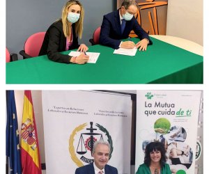 Fraternidad-Muprespa renueva su acuerdo con el Colegio Oficial de Graduados Sociales de Burgos Arriba, Carolina de Miguel, directora provincial de Fraternidad-Muprespa en Burgos, y Benito Saiz, presidente del Colegio de Graduados Sociales de Burgos. Debajo, Ricardo Gabaldón, presidente del Consejo General de Colegios de Graduados Sociales de España, y Natalia Fdez. Laviada, subdirectora general de Prevención, Calidad y Comunicación de Fraternidad-Muprespa, durante la firma del pasado 3 de octubre.
