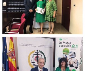 Arriba, Ángel Fernández, director provincial de Fraternidad-Muprespa en Castellón, Amparo Máñez, presidenta del Colegio de Graduados Sociales de Castellón, y Rosa Montoliu, directora provincial adjunta de la Mutua en Castellón. Debajo, Ricardo Gabaldón, presidente del Consejo General de Colegios de Graduados Sociales de España, y Natalia Fdez. Laviada, subdirectora general de Prevención, Calidad y Comunicación de Fraternidad-Muprespa