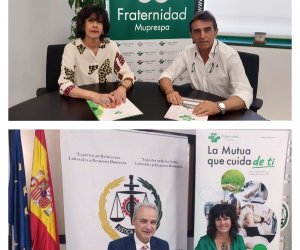 Patricia Plaza, presidenta del Colegio de Graduados Sociales de Ciudad Real, y José Luis Agudo, director provincial de Fraternidad-Muprespa en Ciudad Real. Debajo, Ricardo Gabaldón, presidente del Consejo General de Colegios de Graduados Sociales de España, y Natalia Fdez. Laviada, subdirectora general de Prevención, Calidad y Comunicación de Fraternidad-Muprespa durante la firma del pasado 3 de octubre.