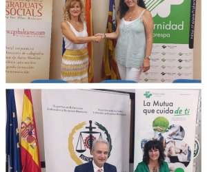 Arriba, Apolonia Julià Andreu, presidenta del Colegio de Graduados Sociales de Illes Balears, y Marian Sbert, directora provincial de Fraternidad-Muprespa en Illes Balears. Debajo, Ricardo Gabaldón, presidente del Consejo General de Colegios de Graduados Sociales de España, y Natalia Fdez. Laviada, subdirectora general de Prevención, Calidad y Comunicación de Fraternidad-Muprespa, durante la firma del pasado 3 de octubre