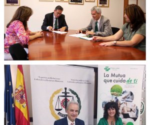 Arriba, Sandra Santana, vicepresidenta del Colegio de Graduados Sociales de Gran Canaria y Fuerteventura, Fermín Ojeda, presidente del Colegio, Carlos Macho, director provincial de Fraternidad-Muprespa en Las Palmas, y Nazaret del Carmen Cabrera, secretaria del Colegio. Debajo, Ricardo Gabaldón, presidente del Consejo General de Colegios de Graduados Sociales de España, y Natalia Fdez. Laviada, subdirectora general de Prevención, Calidad y Comunicación de Fraternidad-Muprespa, durante la firma del pasado 3 