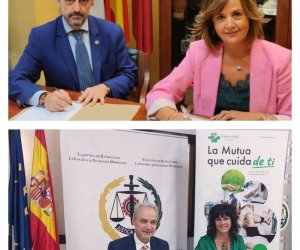Arriba, Leonardo Olivares, presidente del Colegio de Graduados Sociales de León, y Carmen Ujidos, directora provincial de Fraternidad-Muprespa en León. Debajo, Ricardo Gabaldón, presidente del Consejo General de Colegios de Graduados Sociales de España, y Natalia Fdez. Laviada, subdirectora general de Prevención, Calidad y Comunicación de Fraternidad-Muprespa, durante la firma del pasado 3 de octubre