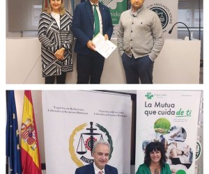 Arriba, Mercedes Vea, vicepresidenta del Colegio de Graduados Sociales de Pontevedra, Andrés Ortigueira, director de la delegación de Vigo de Fraternidad-Muprespa y Raúl Eugenio Gómez, presidente del Colegio de Graduados Sociales de Pontevedra. Debajo, Ricardo Gabaldón, presidente del Consejo General de Colegios de Graduados Sociales de España, y Natalia Fdez. Laviada, subdirectora general de Prevención, Calidad y Comunicación de Fraternidad-Muprespa durante la firma del pasado 3 de octubre