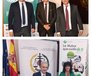 Arriba, Antonio Alonso, director en funciones de Fraternidad-Muprespa en Segovia, José Luis Benito, presidente del Colegio de Graduados Sociales de Segovia, y Jacobo Baró, director territorial Noroeste de la Mutua. Debajo, Ricardo Gabaldón, presidente del Consejo General de Colegios de Graduados Sociales de España, y Natalia Fdez. Laviada, subdirectora general de Prevención, Calidad y Comunicación de Fraternidad-Muprespa, durante la firma del pasado 3 de octubre