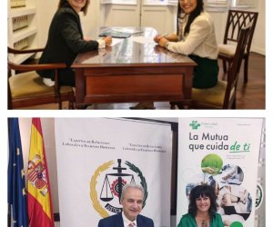 Arriba, Mercedes Leonor Morales, presidenta del Colegio de Graduados Sociales de Santa Cruz de Tenerife, y Raquel Domínguez, directora provincial de Fraternidad-Muprespa en Santa Cruz de Tenerife. Debajo, Ricardo Gabaldón, presidente del Consejo General de Colegios de Graduados Sociales de España, y Natalia Fdez. Laviada, subdirectora general de Prevención, Calidad y Comunicación de Fraternidad-Muprespa, durante la firma del pasado 3 de octubre.
