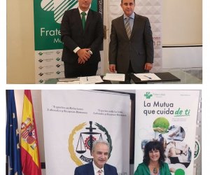 Jordi de Vicente, director provincial de Fraternidad-Muprespa en Valencia, y Vicente Vercher, decano del Excmo. Colegio Oficial de Graduados Sociales de Valencia, durante el acto de rúbrica del acuerdo en la sede del Colegio Debajo, Ricardo Gabaldón, presidente del Consejo General de Colegios de Graduados Sociales de España, y Natalia Fdez. Laviada, subdirectora general de Prevención, Calidad y Comunicación de Fraternidad-Muprespa, durante la firma del pasado 3 de octubre.
