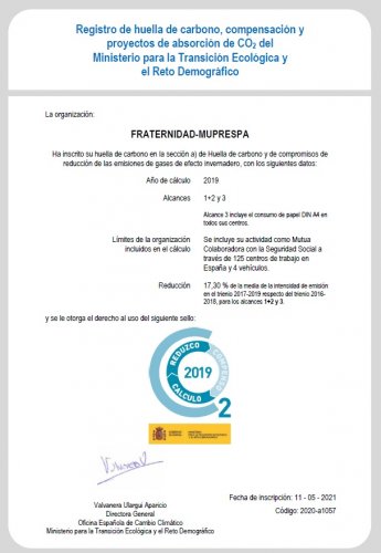 Certificado del Registro de la Huella de Carbono de Fraternidad-Muprespa