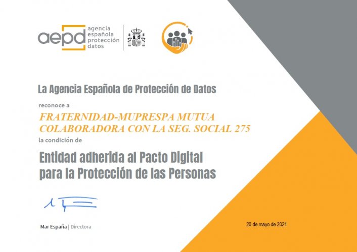 Documento acreditativo de la adhesión de Fraternidad-Muprespa al Pacto Digital para la Protección de las Personas