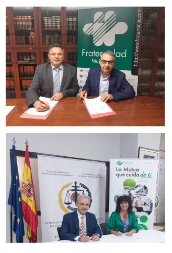 arriba, Javier Rofas, director provincial de Fraternidad-Muprespa en Tarragona, y Jaume Francesch, presidente del Colegio Oficial de Graduados Sociales de Tarragona. Abajo, Ricardo Gabaldón, presidente del Consejo General de Colegios de Graduados Sociales de España, y Natalia Fdez. Laviada, subdirectora general de Prevención, Calidad y Comunicación de Fraternidad-Muprespa