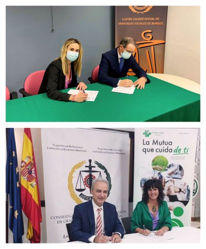 Fraternidad-Muprespa renueva su acuerdo con el Colegio Oficial de Graduados Sociales de Burgos Arriba, Carolina de Miguel, directora provincial de Fraternidad-Muprespa en Burgos, y Benito Saiz, presidente del Colegio de Graduados Sociales de Burgos. Debajo, Ricardo Gabaldón, presidente del Consejo General de Colegios de Graduados Sociales de España, y Natalia Fdez. Laviada, subdirectora general de Prevención, Calidad y Comunicación de Fraternidad-Muprespa, durante la firma del pasado 3 de octubre.
