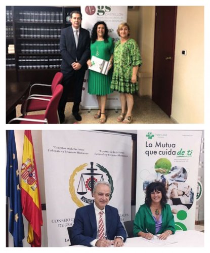 Arriba, Ángel Fernández, director provincial de Fraternidad-Muprespa en Castellón, Amparo Máñez, presidenta del Colegio de Graduados Sociales de Castellón, y Rosa Montoliu, directora provincial adjunta de la Mutua en Castellón. Debajo, Ricardo Gabaldón, presidente del Consejo General de Colegios de Graduados Sociales de España, y Natalia Fdez. Laviada, subdirectora general de Prevención, Calidad y Comunicación de Fraternidad-Muprespa