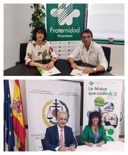 Patricia Plaza, presidenta del Colegio de Graduados Sociales de Ciudad Real, y José Luis Agudo, director provincial de Fraternidad-Muprespa en Ciudad Real. Debajo, Ricardo Gabaldón, presidente del Consejo General de Colegios de Graduados Sociales de España, y Natalia Fdez. Laviada, subdirectora general de Prevención, Calidad y Comunicación de Fraternidad-Muprespa durante la firma del pasado 3 de octubre.