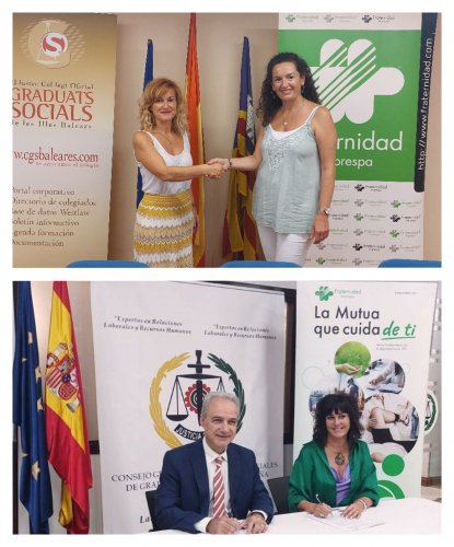 Arriba, Apolonia Julià Andreu, presidenta del Colegio de Graduados Sociales de Illes Balears, y Marian Sbert, directora provincial de Fraternidad-Muprespa en Illes Balears. Debajo, Ricardo Gabaldón, presidente del Consejo General de Colegios de Graduados Sociales de España, y Natalia Fdez. Laviada, subdirectora general de Prevención, Calidad y Comunicación de Fraternidad-Muprespa, durante la firma del pasado 3 de octubre