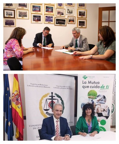 Arriba, Sandra Santana, vicepresidenta del Colegio de Graduados Sociales de Gran Canaria y Fuerteventura, Fermín Ojeda, presidente del Colegio, Carlos Macho, director provincial de Fraternidad-Muprespa en Las Palmas, y Nazaret del Carmen Cabrera, secretaria del Colegio. Debajo, Ricardo Gabaldón, presidente del Consejo General de Colegios de Graduados Sociales de España, y Natalia Fdez. Laviada, subdirectora general de Prevención, Calidad y Comunicación de Fraternidad-Muprespa, durante la firma del pasado 3 