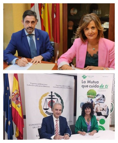 Arriba, Leonardo Olivares, presidente del Colegio de Graduados Sociales de León, y Carmen Ujidos, directora provincial de Fraternidad-Muprespa en León. Debajo, Ricardo Gabaldón, presidente del Consejo General de Colegios de Graduados Sociales de España, y Natalia Fdez. Laviada, subdirectora general de Prevención, Calidad y Comunicación de Fraternidad-Muprespa, durante la firma del pasado 3 de octubre